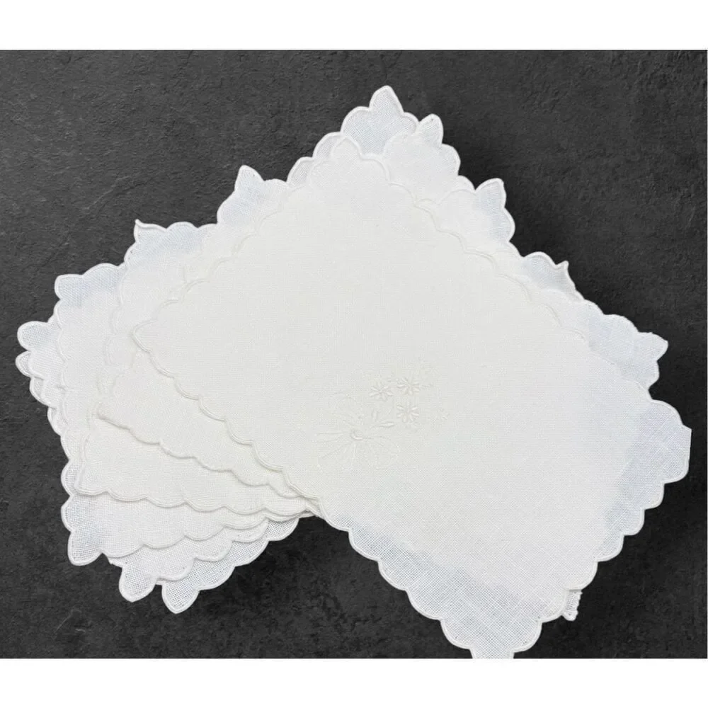 Linen Cocktail Napkins Set of 6 White On White Floral Embroidery 5.5” X 8”